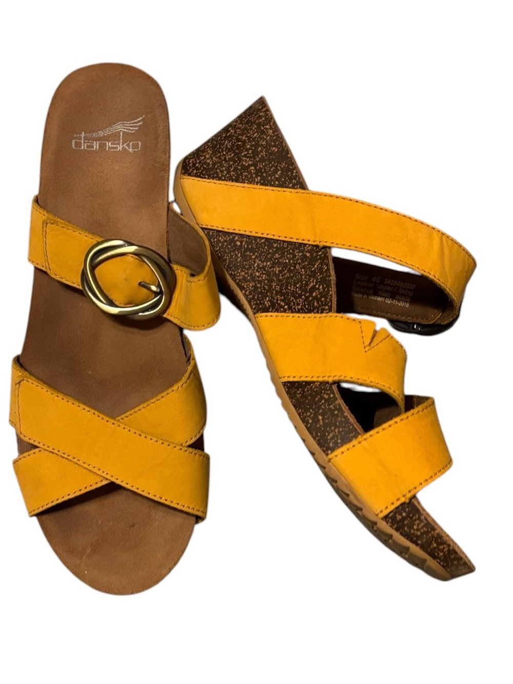 Dansko 9 Wedges Cork Gold Yellow Leather Buckle Slide Sandals Euro 40